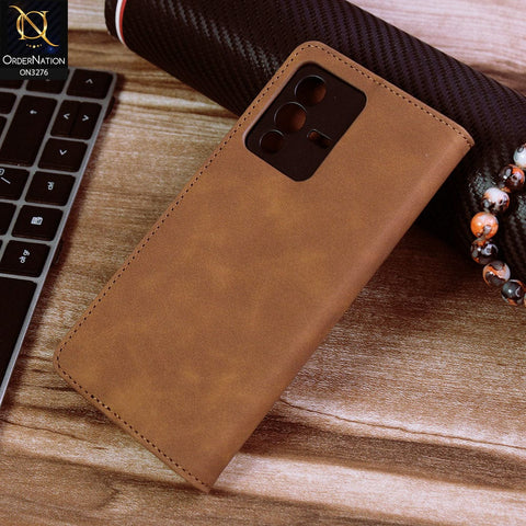 Vivo V23 5G Cover - Light Brown - ONation Business Flip Series - Premium Magnetic Leather Wallet Flip book Card Slots Soft Case