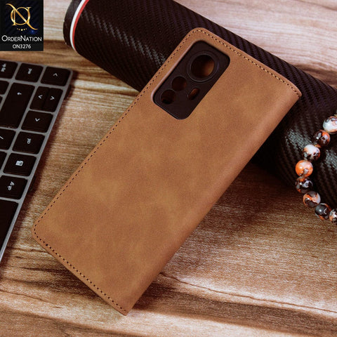 Xiaomi 12 Pro Cover - Light Brown - ONation Business Flip Series - Premium Magnetic Leather Wallet Flip book Card Slots Soft Case