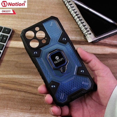iPhone 13 Pro Max Cover - Blue - ONation BIBERCAS Series - Honeycomb Shockproof Space Capsule With Magnetic Ring Holder Soft Case