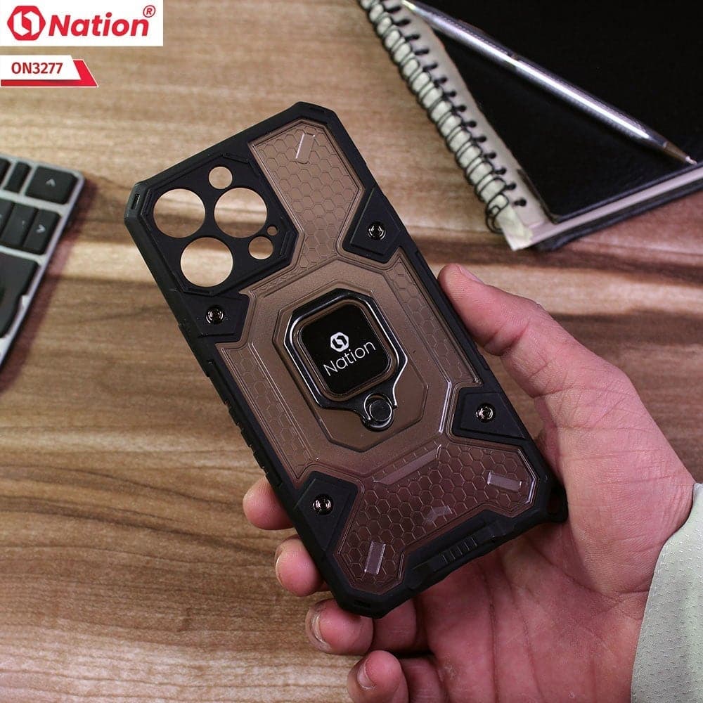 iPhone 13 Pro Max Cover - Black - ONation BIBERCAS Series - Honeycomb Shockproof Space Capsule With Magnetic Ring Holder Soft Case