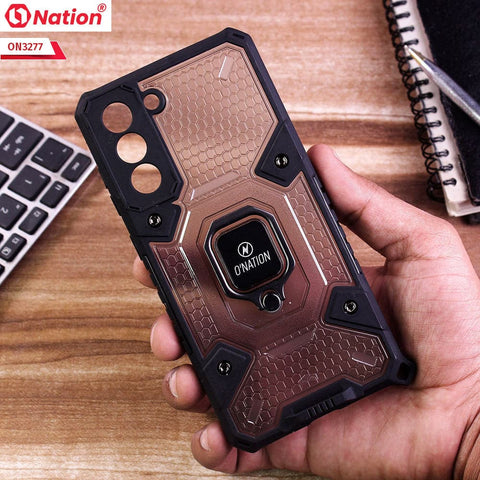 Samsung Galaxy S21 FE 5G Cover - Black -  ONation BIBERCAS Series - Honeycomb Shockproof Space Capsule With Magnetic Ring Holder Soft Case