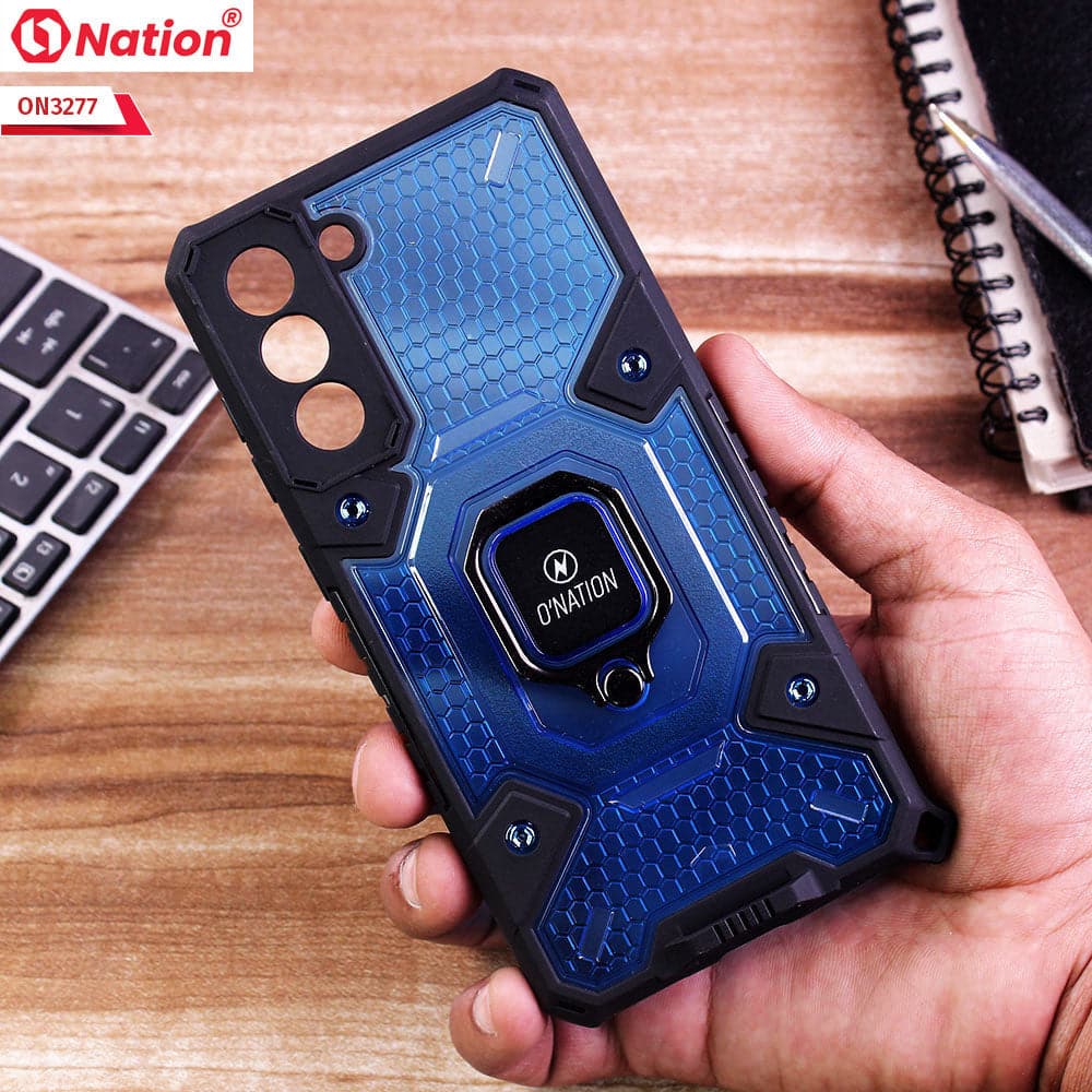 Samsung Galaxy S21 FE 5G Cover - Blue -  ONation BIBERCAS Series - Honeycomb Shockproof Space Capsule With Magnetic Ring Holder Soft Case