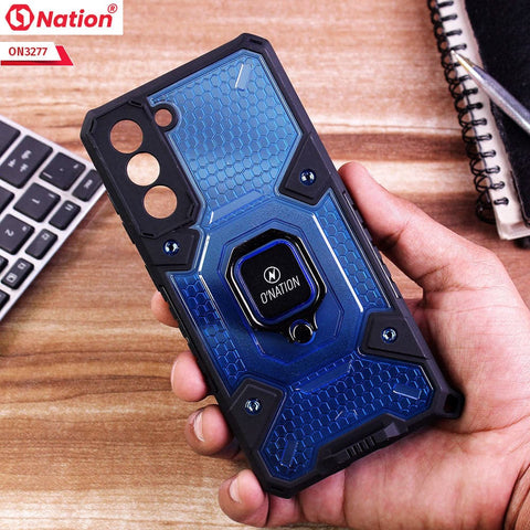 Samsung Galaxy S21 FE 5G Cover - Blue -  ONation BIBERCAS Series - Honeycomb Shockproof Space Capsule With Magnetic Ring Holder Soft Case
