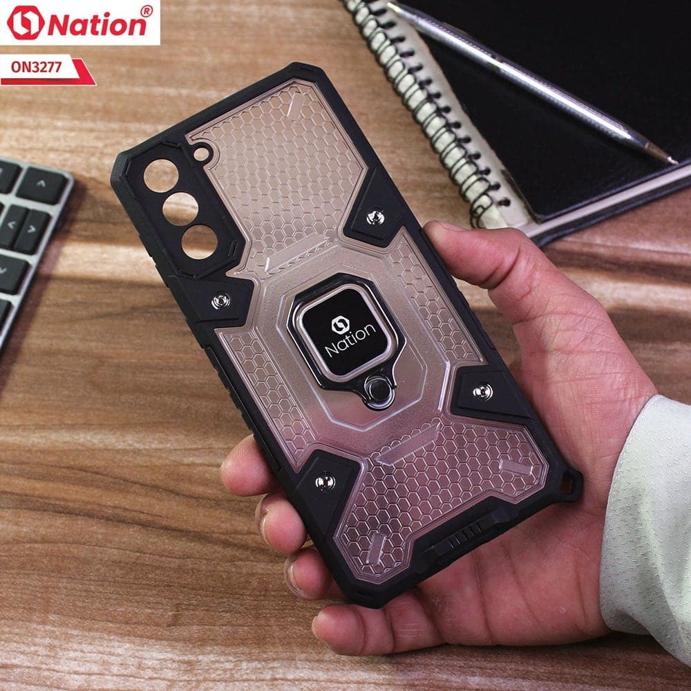 Samsung Galaxy S21 5G Cover - White - ONation BIBERCAS Series - Honeycomb Shockproof Space Capsule With Magnetic Ring Holder Soft Case