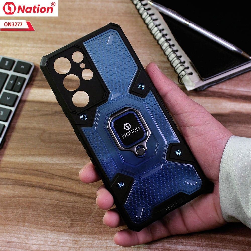 Samsung Galaxy S21 Ultra 5G Cover - Blue - ONation BIBERCAS Series - Honeycomb Shockproof Space Capsule With Magnetic Ring Holder Soft Case
