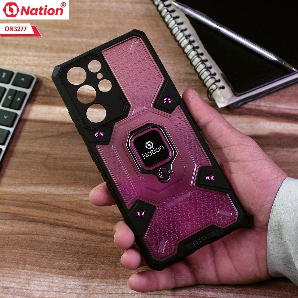 Samsung Galaxy S21 Ultra 5G Cover - Purple - ONation BIBERCAS Series - Honeycomb Shockproof Space Capsule With Magnetic Ring Holder Soft Case