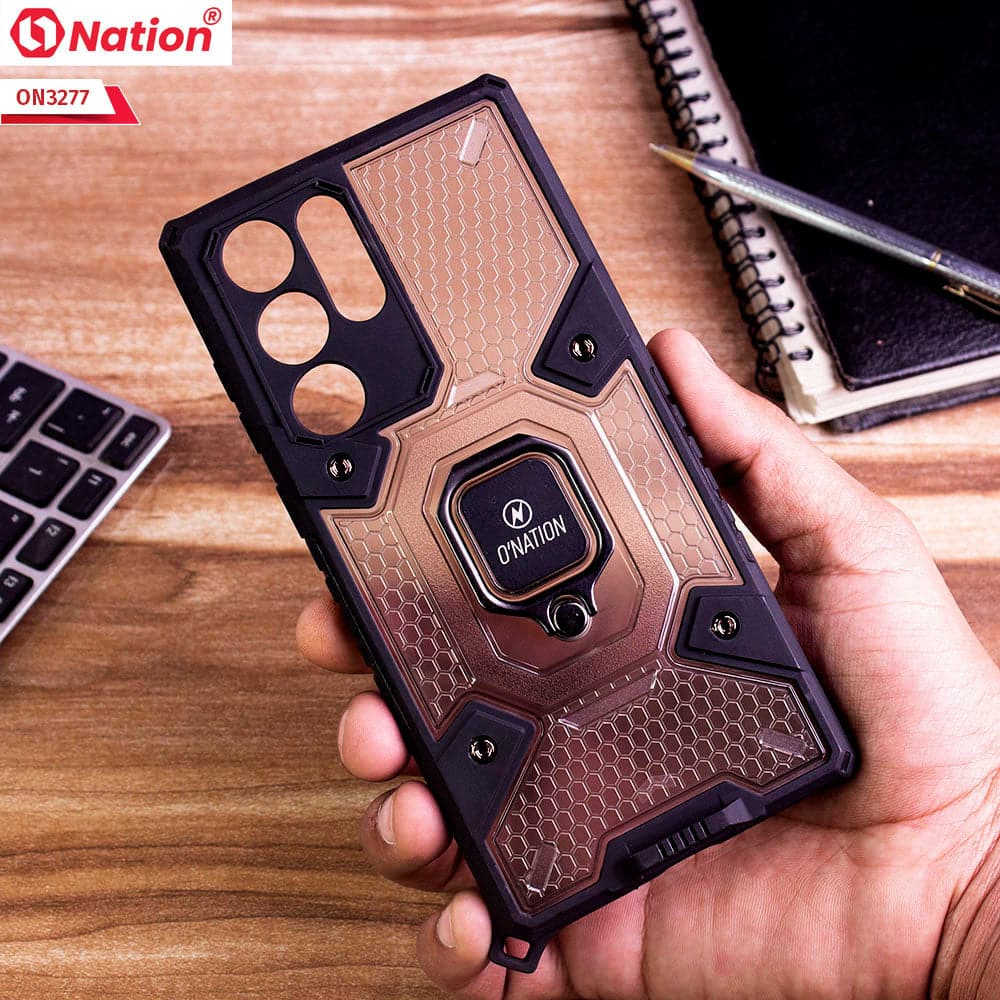 Samsung Galaxy S22 Ultra 5G Cover - Black -  ONation BIBERCAS Series - Honeycomb Shockproof Space Capsule With Magnetic Ring Holder Soft Case