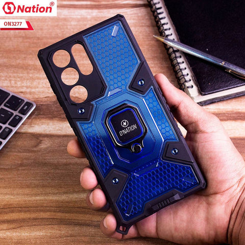 Samsung Galaxy S22 Ultra 5G Cover - Blue -  ONation BIBERCAS Series - Honeycomb Shockproof Space Capsule With Magnetic Ring Holder Soft Case
