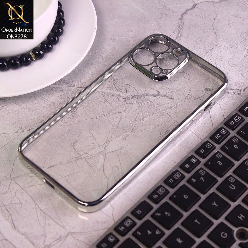 iPhone 12 Pro Max Cover - Silver - Electroplating Color Borders Clear Transparent Camera Protection Soft Case