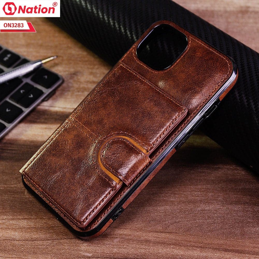 iPhone 13 Cover - Brown - ONation Ultra Series - Multi-Purpose Premium Leather Ultra Wallet Soft Case With Card Holders and Phone Stand