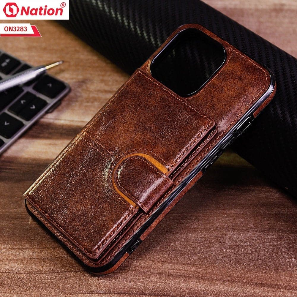 iPhone 13 Pro Cover - Brown - ONation Ultra Series - Multi-Purpose Premium Leather Ultra Wallet Soft Case With Card Holders and Phone Stand