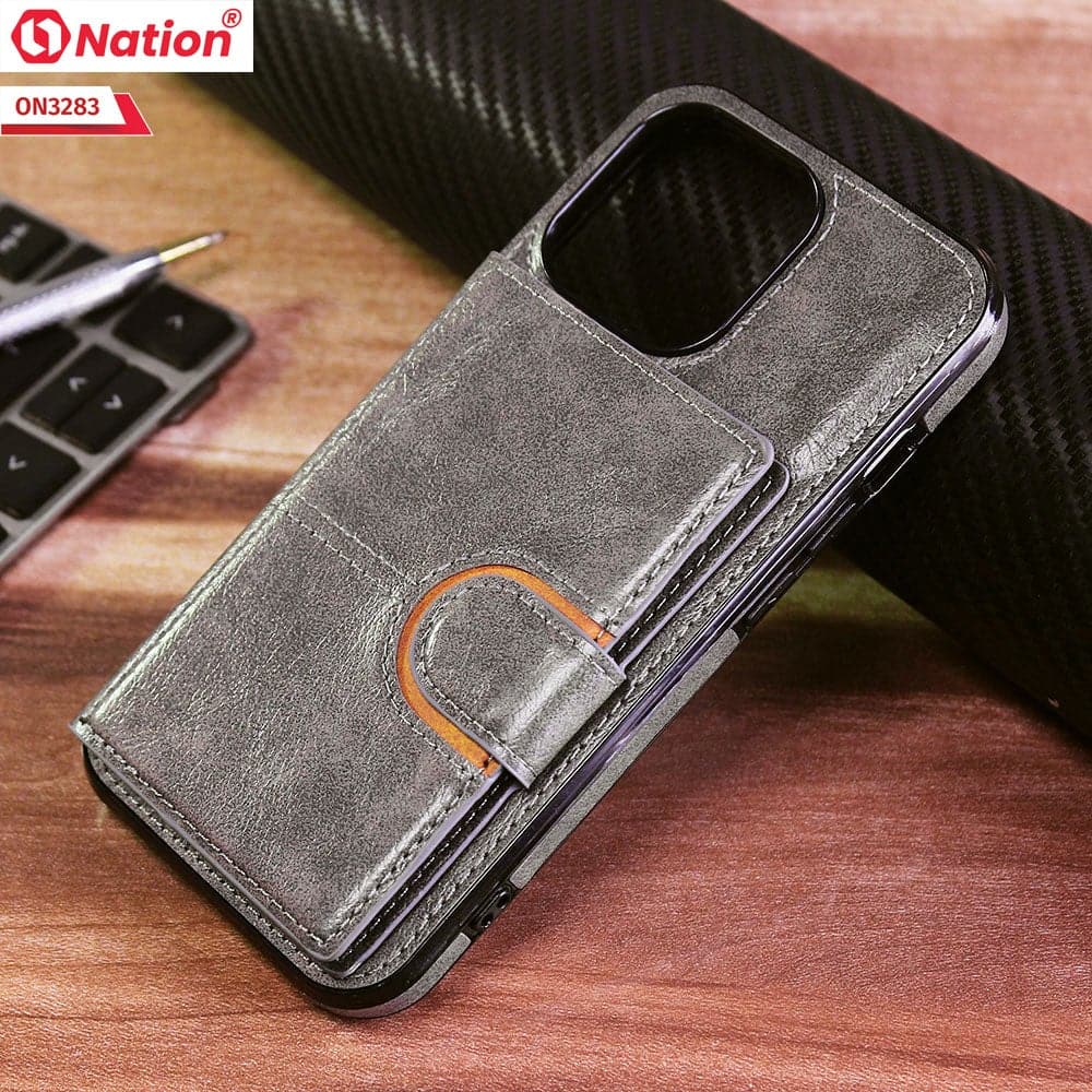 iPhone 13 Pro Cover - Gray - ONation Ultra Series - Multi-Purpose Premium Leather Ultra Wallet Soft Case With Card Holders and Phone Stand