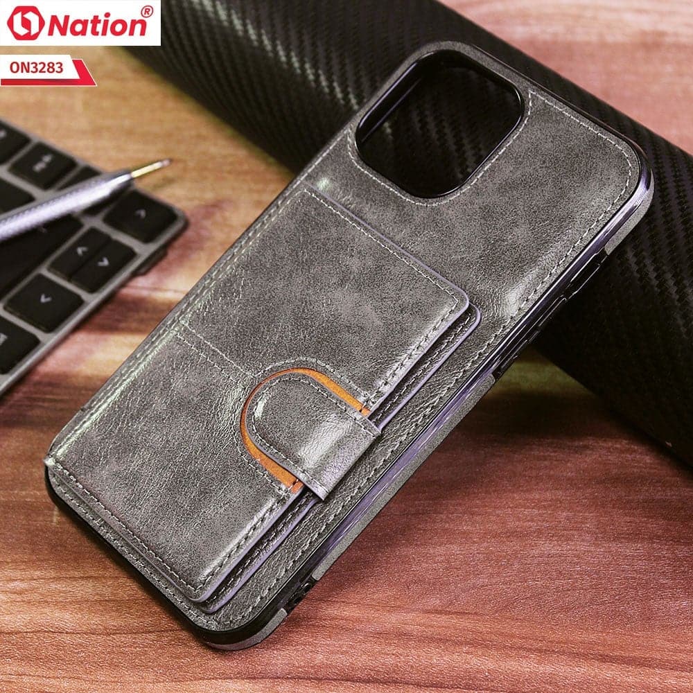 iPhone 13 Pro Max Cover - Gray - ONation Ultra Series - Multi-Purpose Premium Leather Ultra Wallet Soft Case With Card Holders and Phone Stand