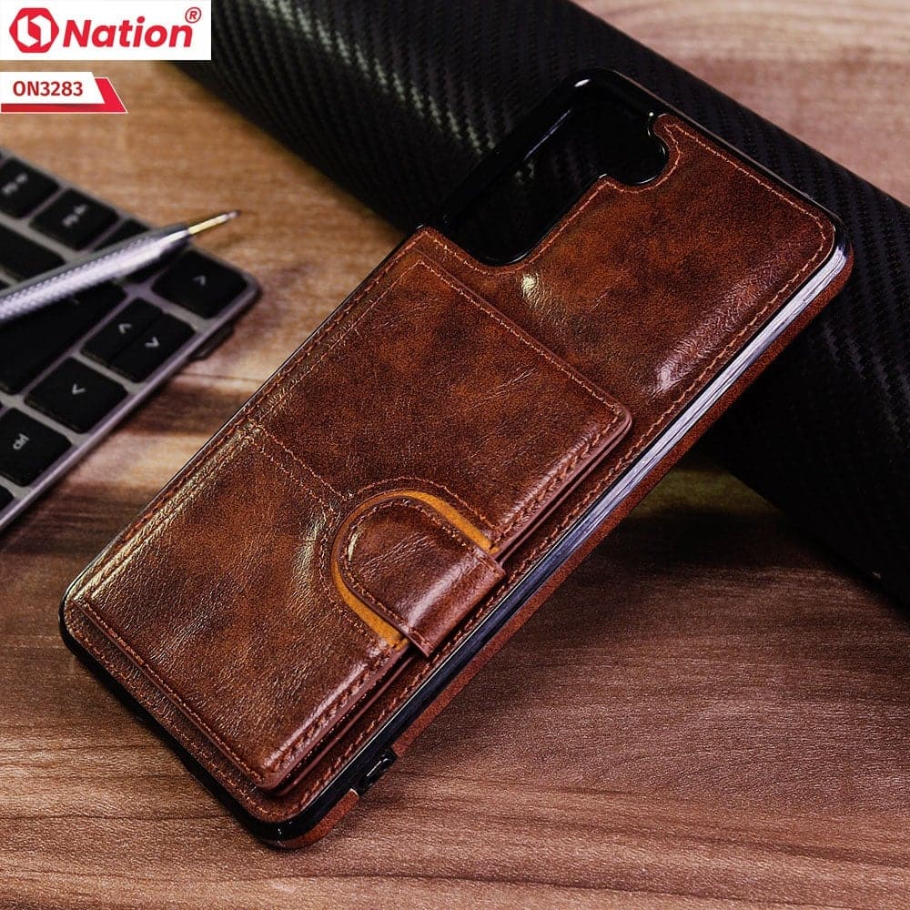 Samsung Galaxy S21 Plus 5G Cover - Brown - ONation Ultra Series - Multi-Purpose Premium Leather Ultra Wallet Soft Case With Card Holders and Phone Stand