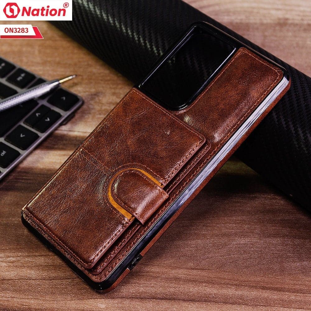Samsung Galaxy S21 Ultra 5G Cover - Brown - ONation Ultra Series - Multi-Purpose Premium Leather Ultra Wallet Soft Case With Card Holders and Phone Stand