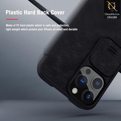 iPhone 13 Pro Max Cover - Black - Nillkin Qin Pro Series Leather Flip Book with Camera Slide Protection Case