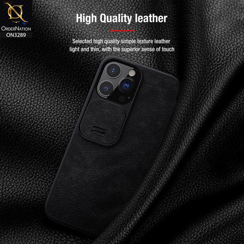 iPhone 13 Pro Max Cover - Black - Nillkin Qin Pro Series Leather Flip Book with Camera Slide Protection Case