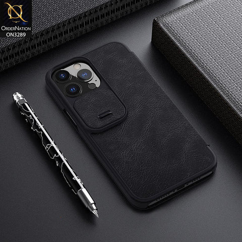 iPhone 13 Pro Max Cover - Black - Nillkin Qin Pro Series Leather Flip Book with Camera Slide Protection Case