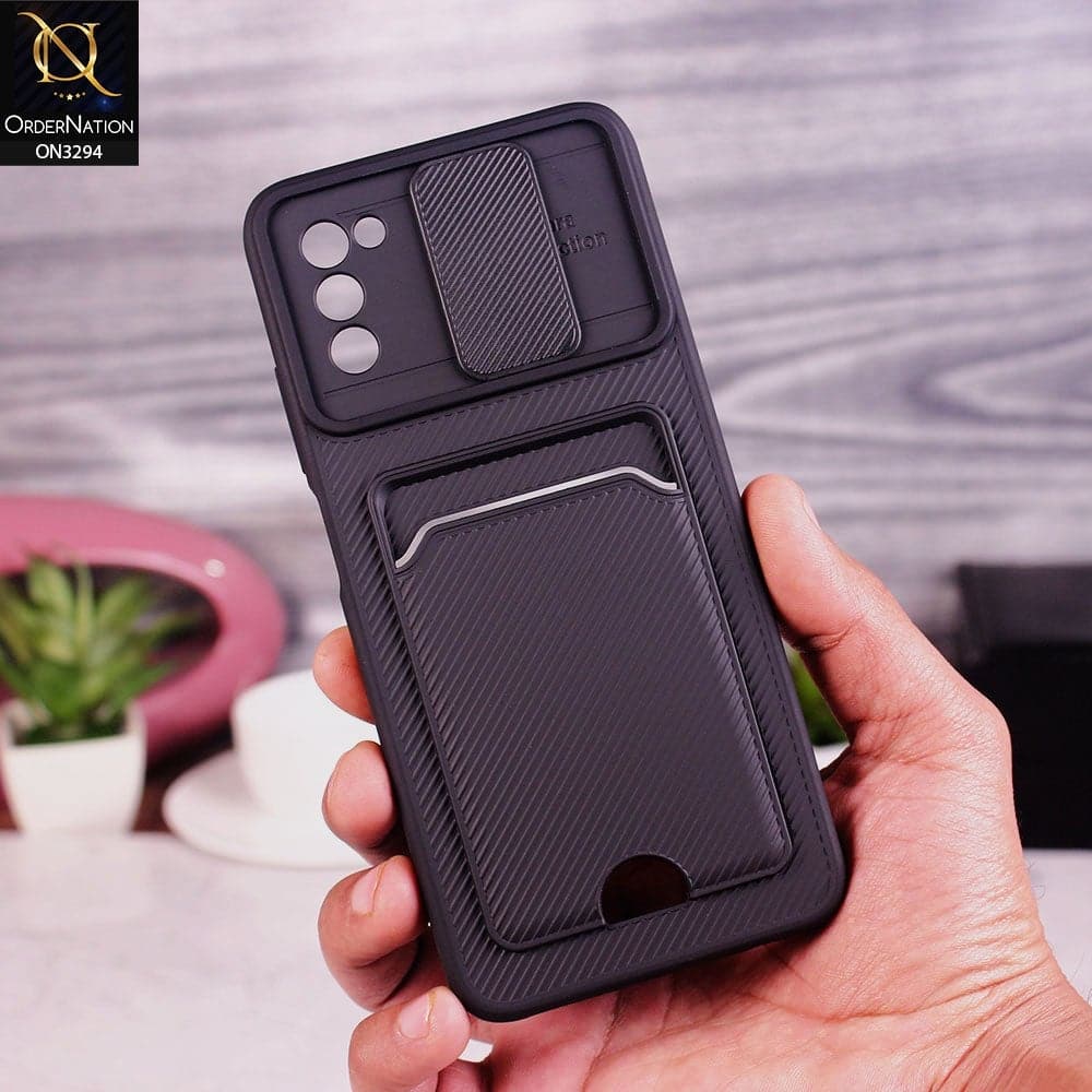 Samsung Galaxy M02s Cover - Black - Soft Border Semi Hard Back Camera Slider Protection Case with Card Holder