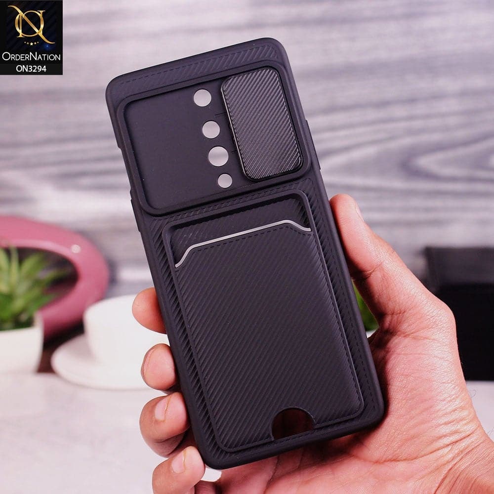 OnePlus 8 4G Cover - Black - Soft Border Semi Hard Back Camera Slider Protection Case with Card Holder