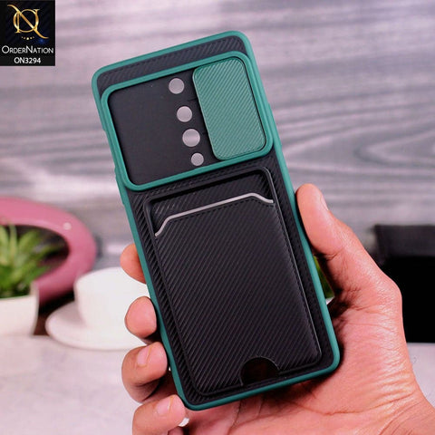 OnePlus 8 4G Cover - Green - Soft Border Semi Hard Back Camera Slider Protection Case with Card Holder