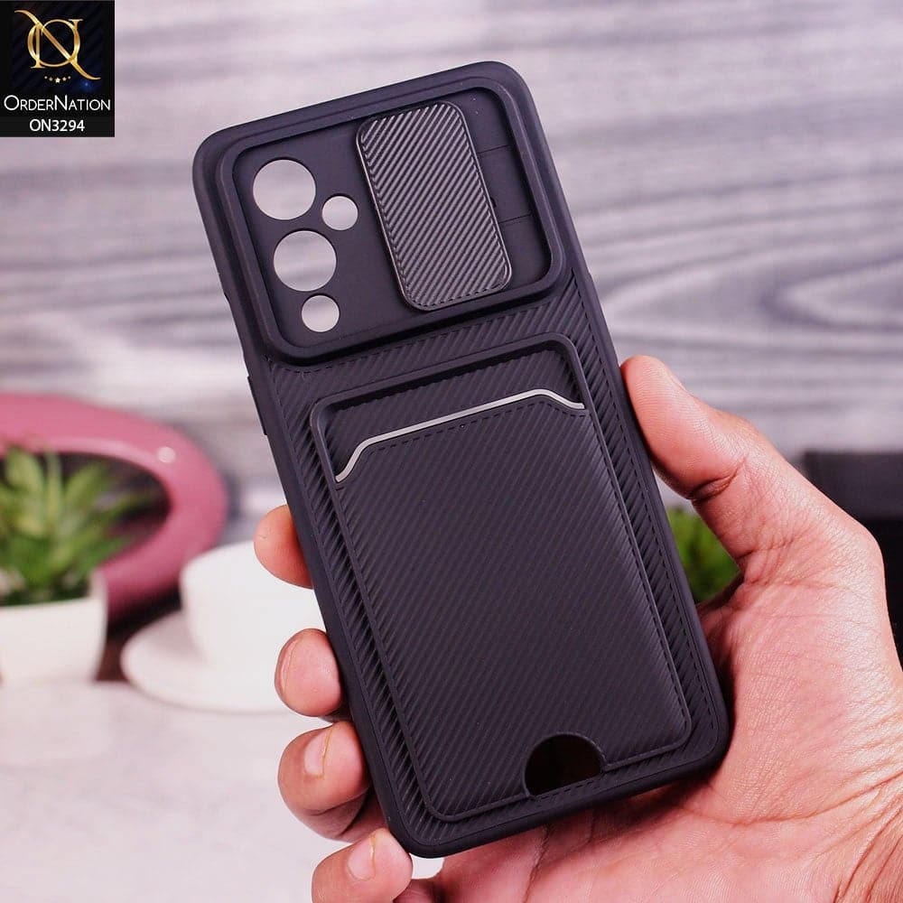 OnePlus 9 Cover - Black - Soft Border Semi Hard Back Camera Slider Protection Case with Card Holder