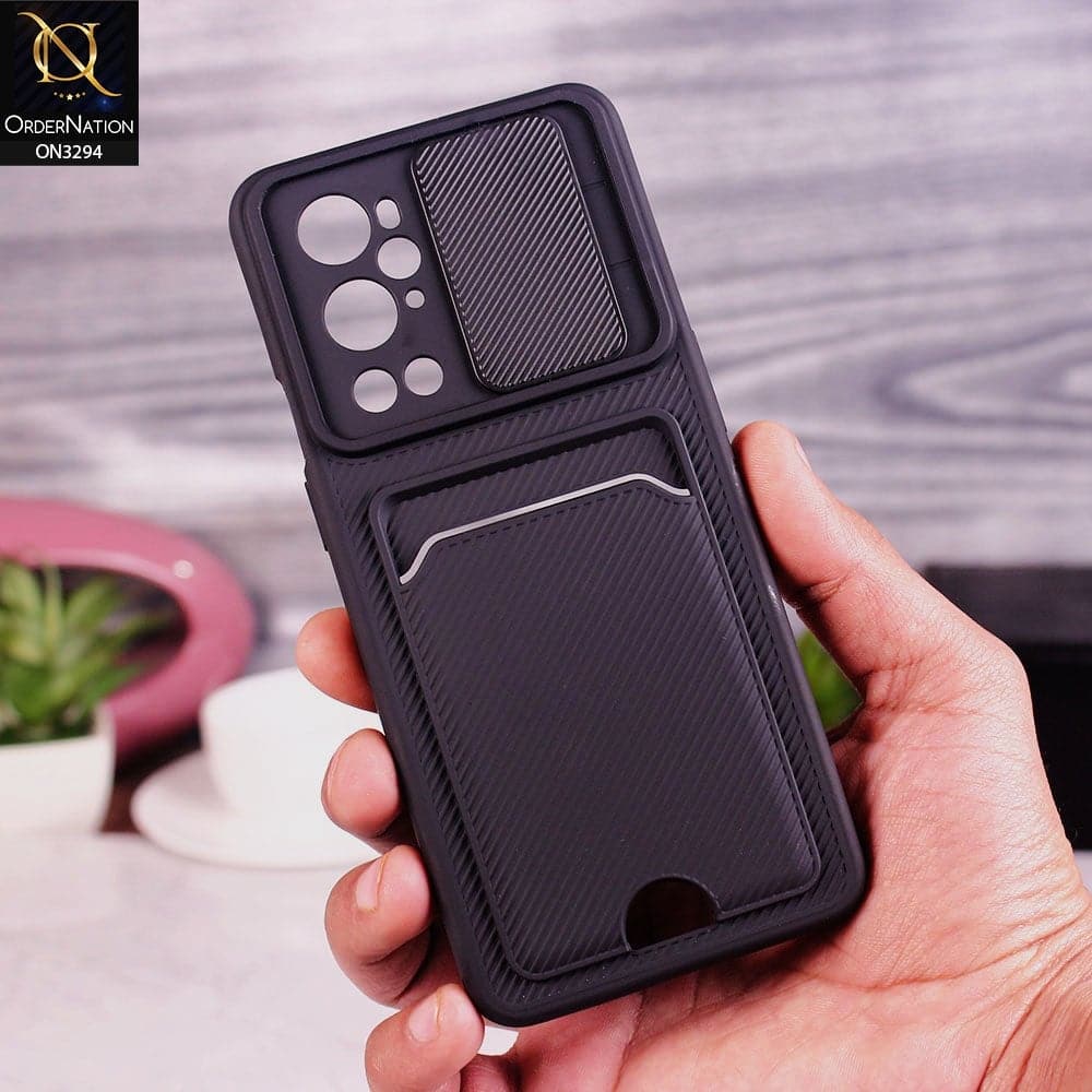 OnePlus 9 Pro Cover - Black - Soft Border Semi Hard Back Camera Slider Protection Case with Card Holder