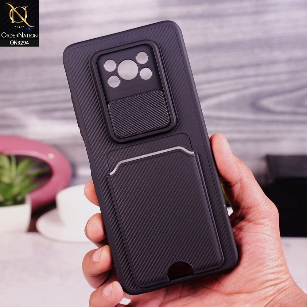 Xiaomi Poco X3 Cover - Black - Soft Border Semi Hard Back Camera Slider Protection Case with Card Holder