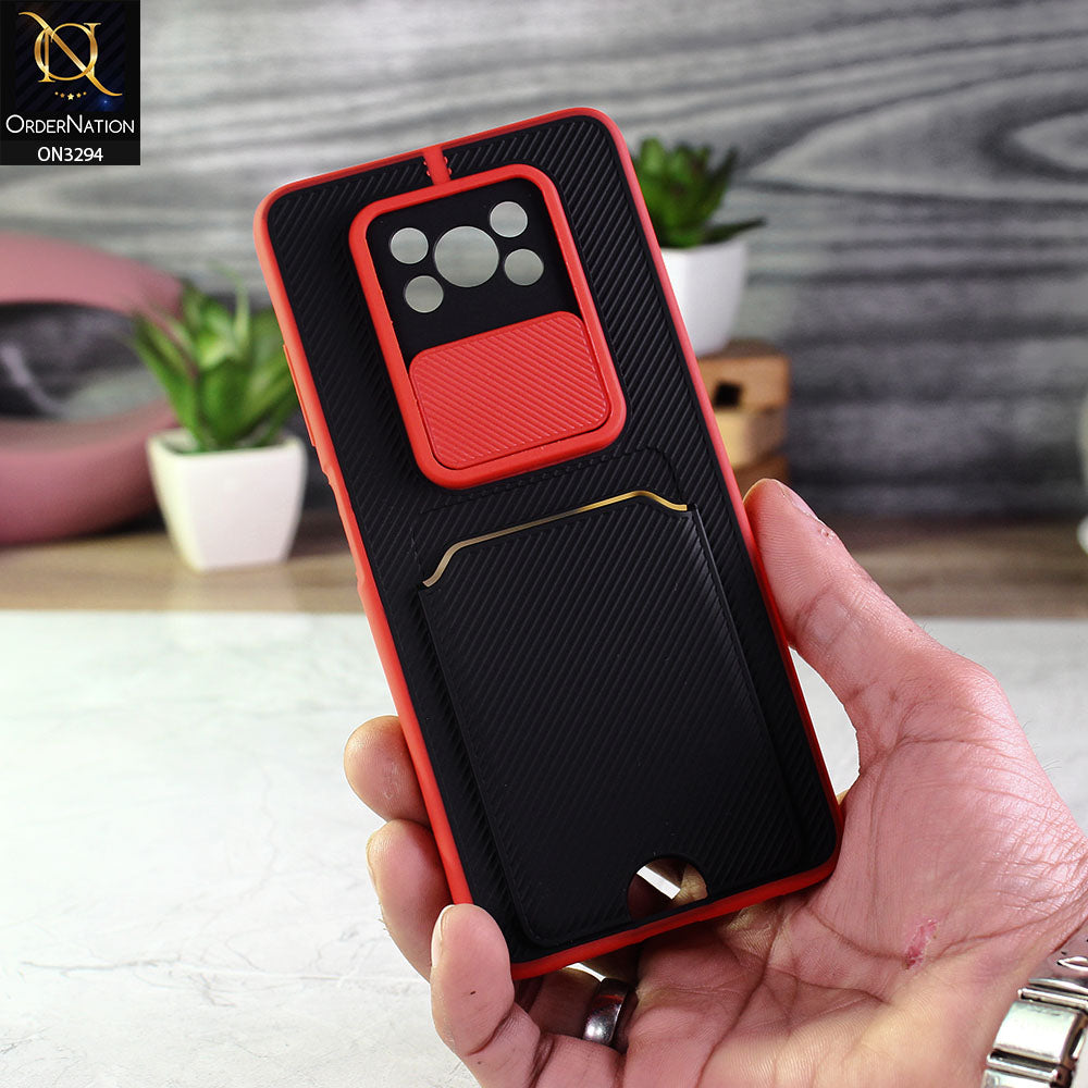 Xiaomi Poco X3 Cover - Red - Soft Border Semi Hard Back Camera Slider Protection Case with Card Holder