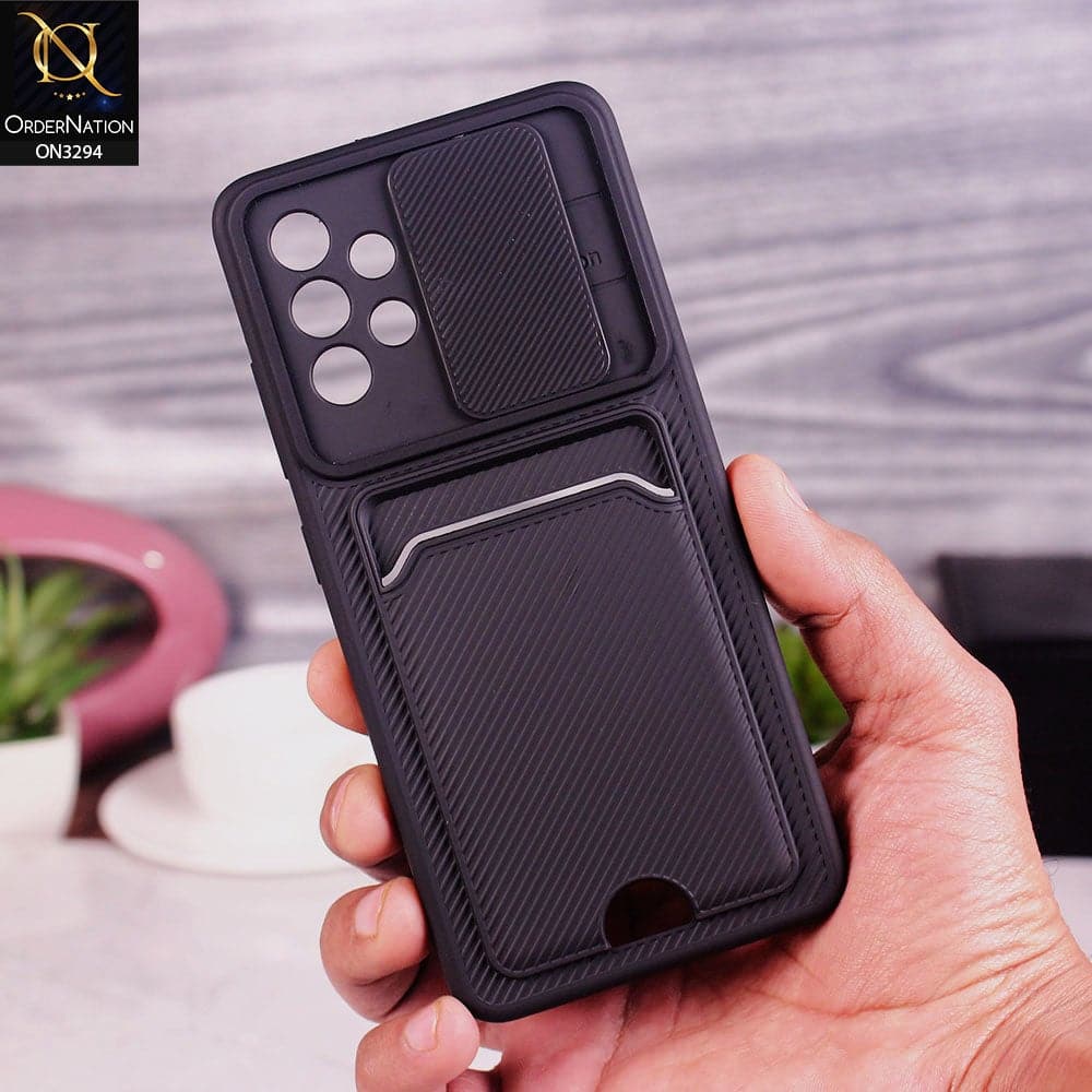 Samsung Galaxy A72 Cover - Black - Soft Border Semi Hard Back Camera Slider Protection Case with Card Holder