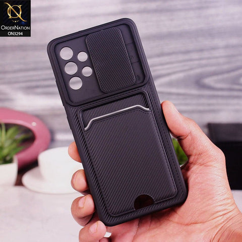 Samsung Galaxy A32 Cover - Black - Soft Border Semi Hard Back Camera Slider Protection Case with Card Holder