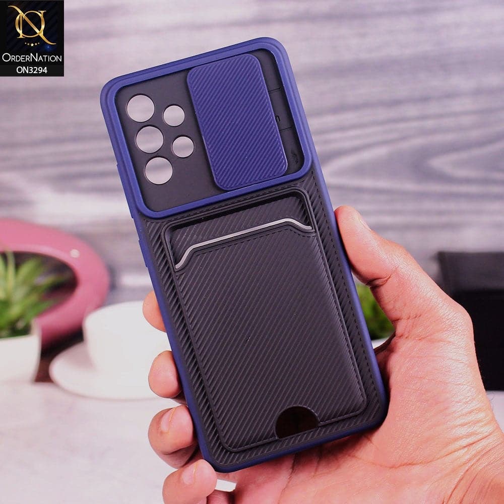 Samsung Galaxy A32 Cover - Blue - Soft Border Semi Hard Back Camera Slider Protection Case with Card Holder