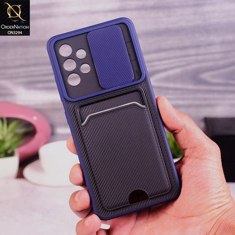 Samsung Galaxy A32 Cover - Blue - Soft Border Semi Hard Back Camera Slider Protection Case with Card Holder