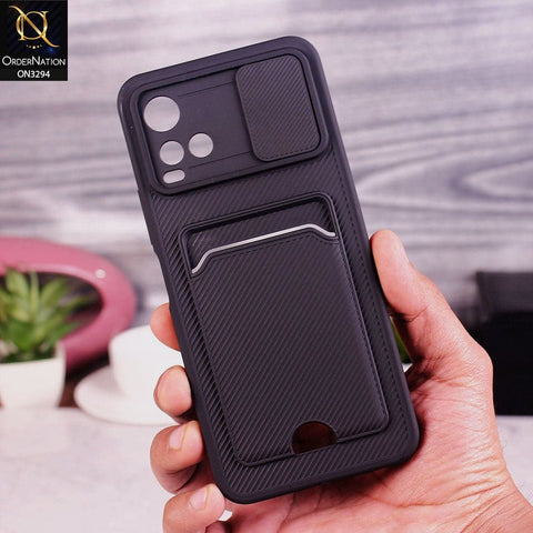 Vivo Y33s Cover - Black - Soft Border Semi Hard Back Camera Slider Protection Case with Card Holder
