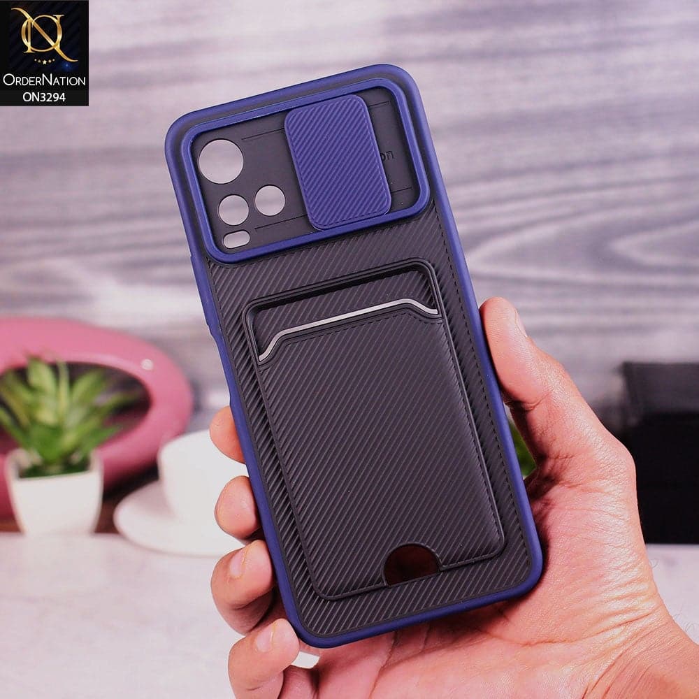 Vivo Y33s Cover - Blue - Soft Border Semi Hard Back Camera Slider Protection Case with Card Holder