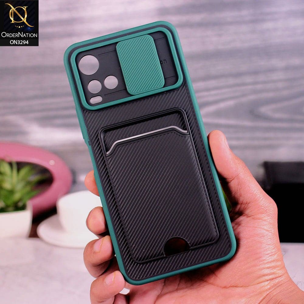 Vivo Y21 Cover - Green - Soft Border Semi Hard Back Camera Slider Protection Case with Card Holder