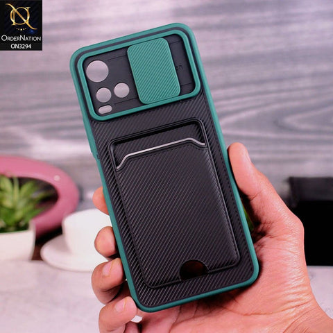 Vivo Y21 Cover - Green - Soft Border Semi Hard Back Camera Slider Protection Case with Card Holder