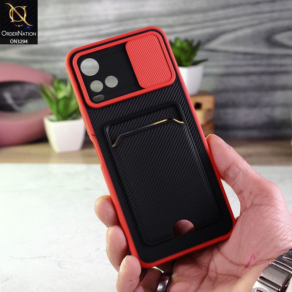 Vivo Y33s Cover - Red - Soft Border Semi Hard Back Camera Slider Protection Case with Card Holder