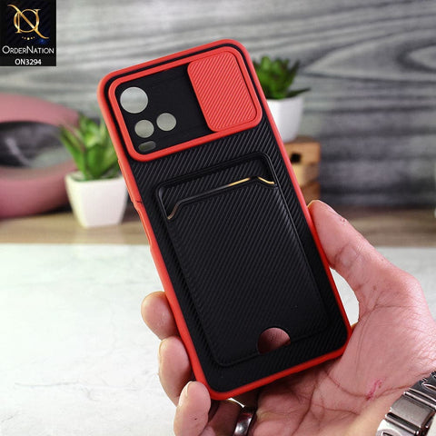 Vivo Y33s Cover - Red - Soft Border Semi Hard Back Camera Slider Protection Case with Card Holder