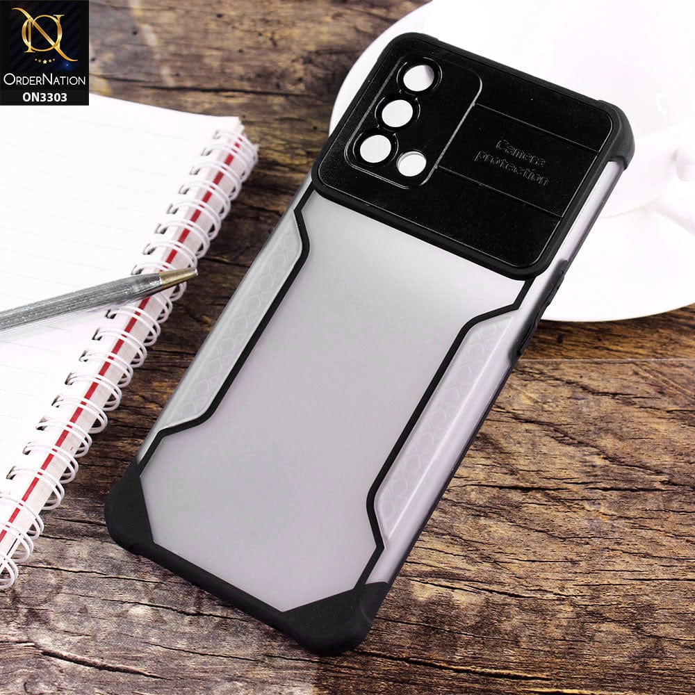 Oppo Reno 6 Lite Cover - Black - Shockproof Hybrid Style Soft Borders Semi Hard Semi Transparent Tempered Camera Lens Protection Case