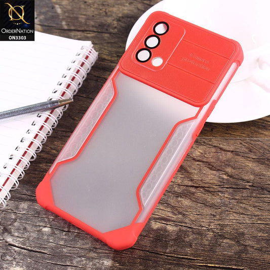 Oppo Reno 6 Lite Cover - Red - Shockproof Hybrid Style Soft Borders Semi Hard Semi Transparent Tempered Camera Lens Protection Case
