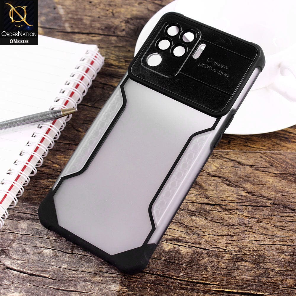 Oppo A94 Cover - Black - Shockproof Hybrid Style Soft Borders Semi Hard Semi Transparent Tempered Camera Lens Protection Case