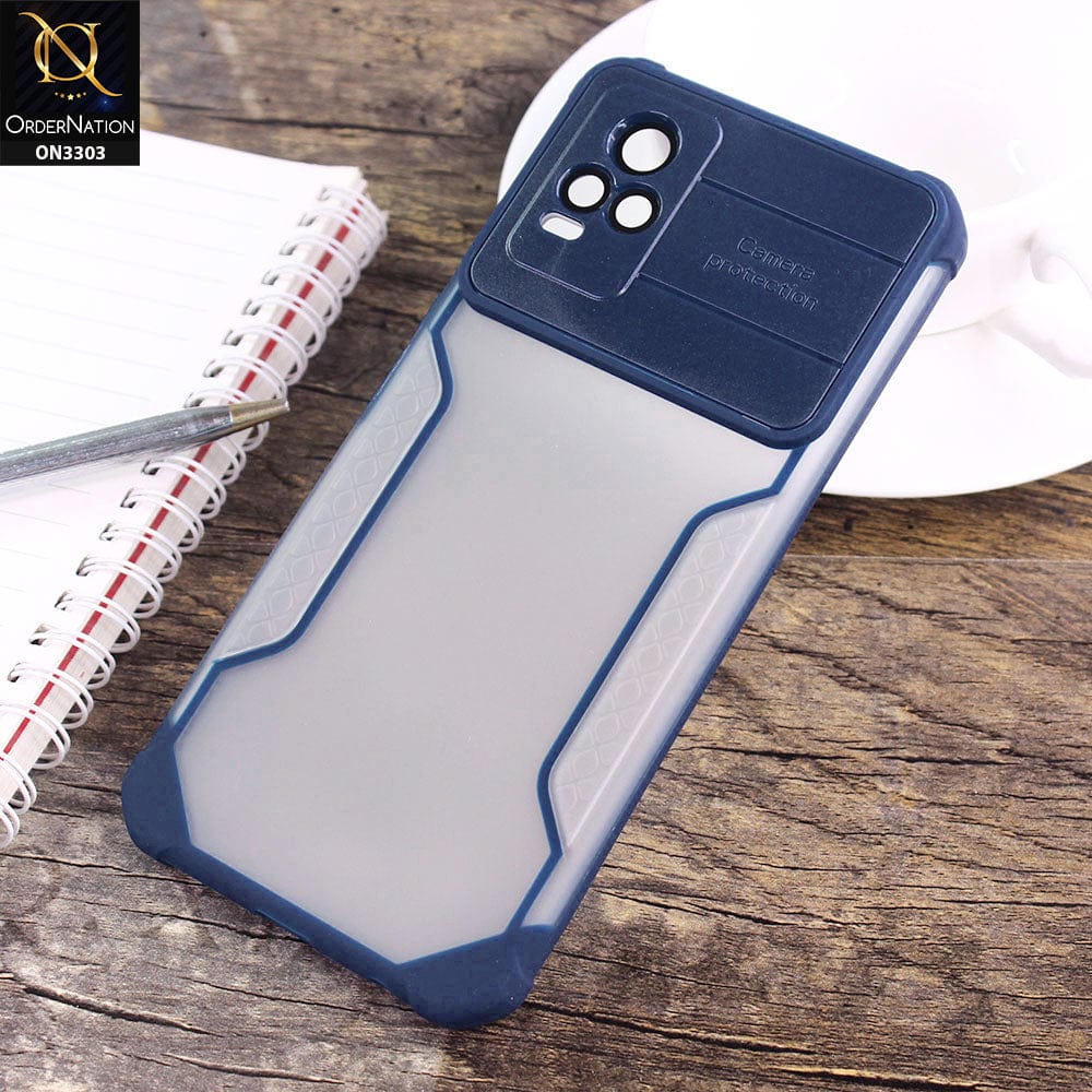 Vivo V21e Cover - Blue - Shockproof Hybrid Style Soft Borders Semi Hard Semi Transparent Tempered Camera Lens Protection Case