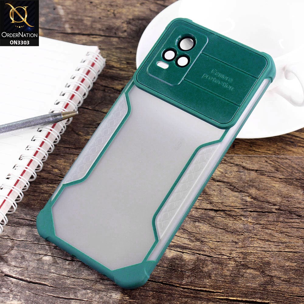 Vivo V21e Cover - Green - Shockproof Hybrid Style Soft Borders Semi Hard Semi Transparent Tempered Camera Lens Protection Case