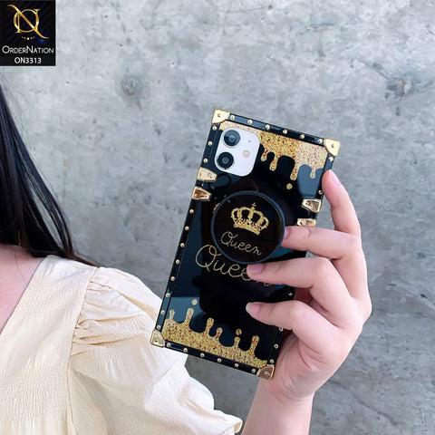 Tecno Camon 12 Cover - Black - Golden Electroplated Luxury Square Soft TPU Protective Case with Holder