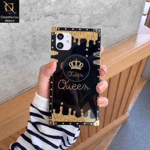 Samsung Galaxy M22 Cover - Black - Golden Electroplated Luxury Square Soft TPU Protective Case with Holder