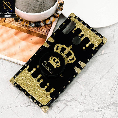 Samsung Galaxy A30 Cover - Black - Golden Electroplated Luxury Square Soft TPU Protective Case with Holder