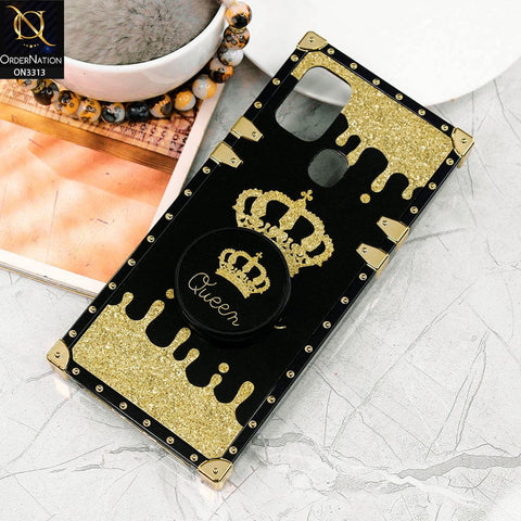 Samsung Galaxy A21s Cover - Black - Golden Electroplated Luxury Square Soft TPU Protective Case with Holder