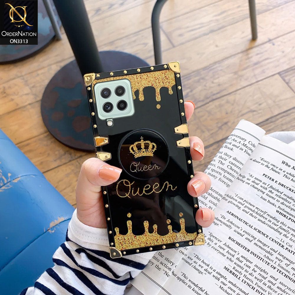 Samsung Galaxy A22 Cover - Black - Golden Electroplated Luxury Square Soft TPU Protective Case with Holder