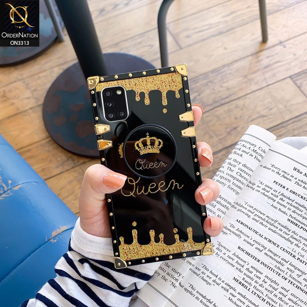 Samsung Galaxy A31 Cover - Black - Golden Electroplated Luxury Square Soft TPU Protective Case with Holder